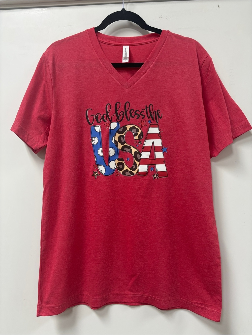 Bella Canvas Red V-Neck Tee with Patriotic USA Leopard Accent
